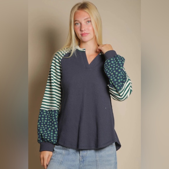 Floral Stripe Balloon Sleeve Knit Top Blue Green - Picture 2 of 4